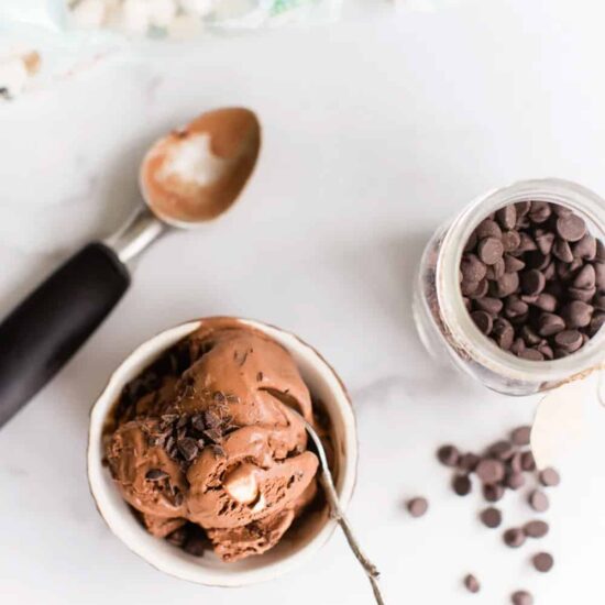 vegan rocky road ice cream in a bowl with chocolate chips on the right and an ice cream scoop on the left for aesthetic