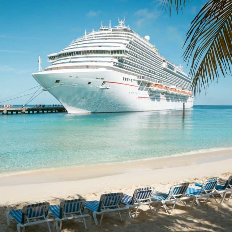 Cruise ship docked next to a beach.