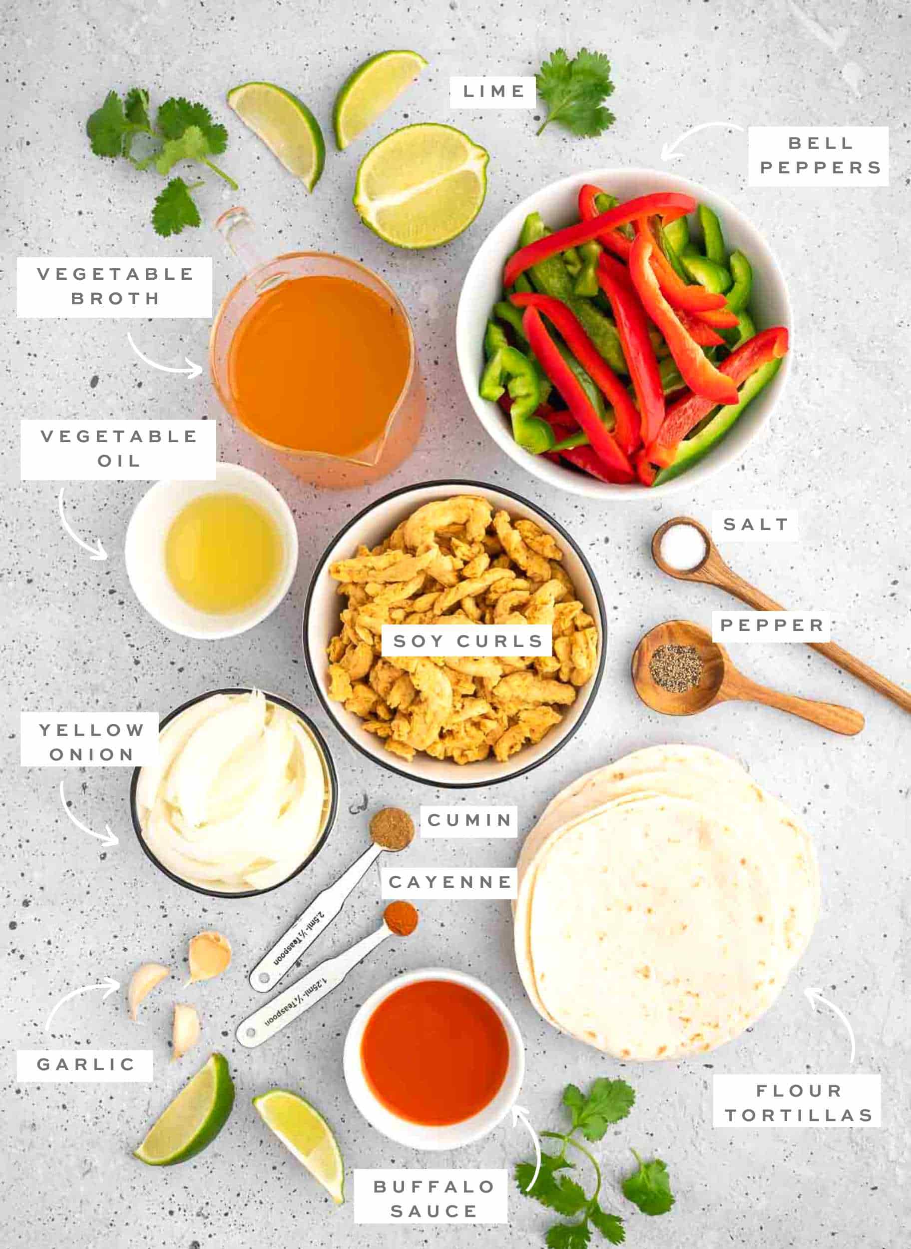 Essential ingredients for making vegan fajitas.