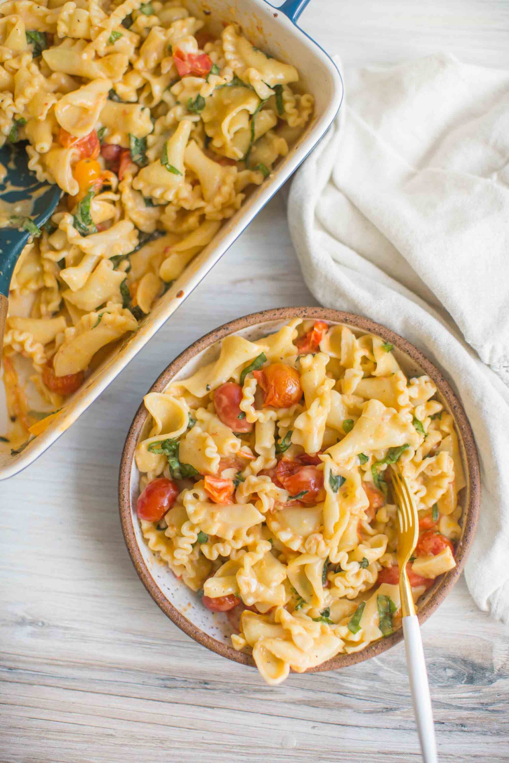 Easy Vegan Baked Feta Pasta Casserole With Vegan Feta Cheese and Tomatoes and Basil