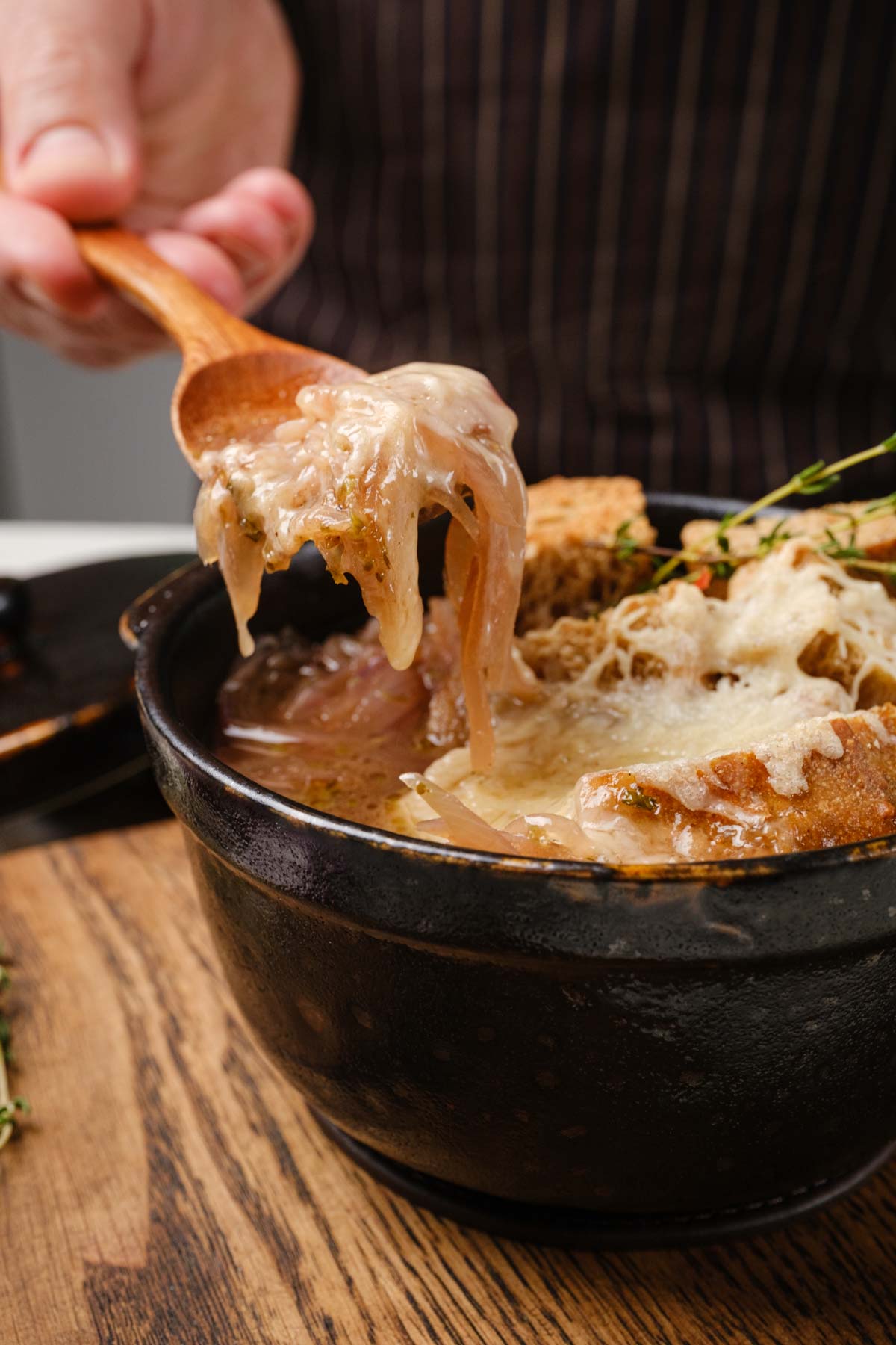 A spoonful of Vegan French Onion Soup.