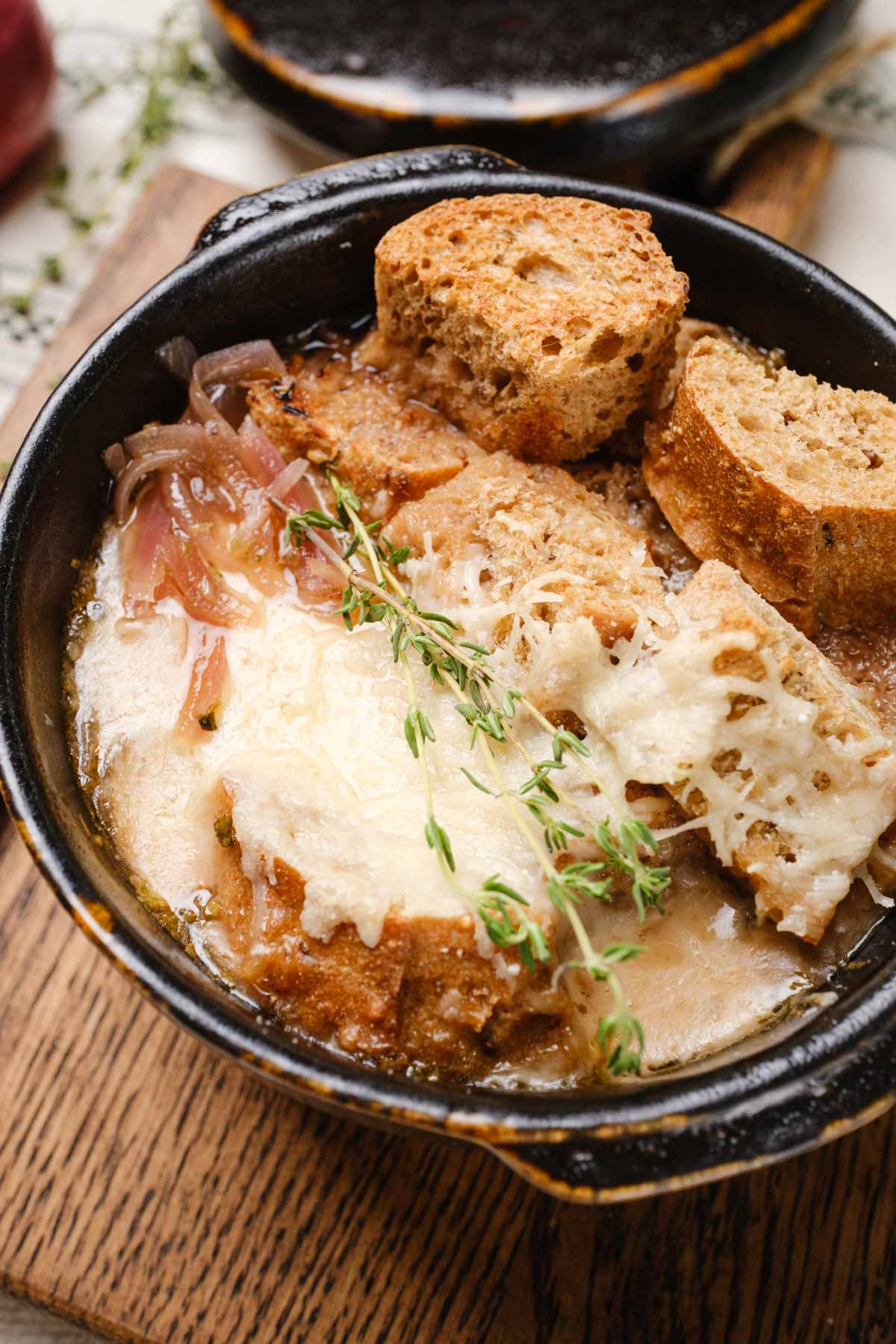 A bowl of Vegan French Onion Soup.