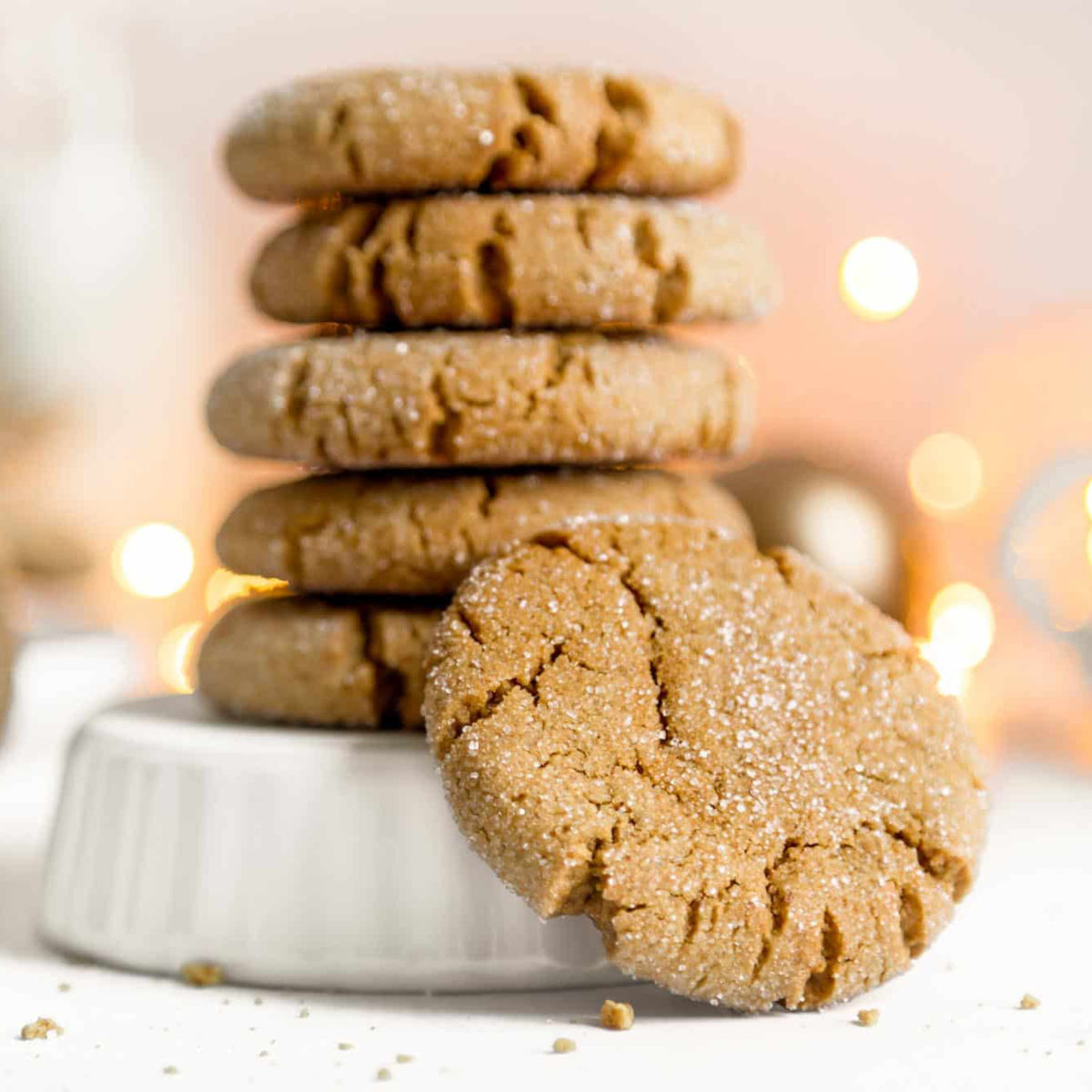 A stack of sugar-coated vegan gingersnap cookies.