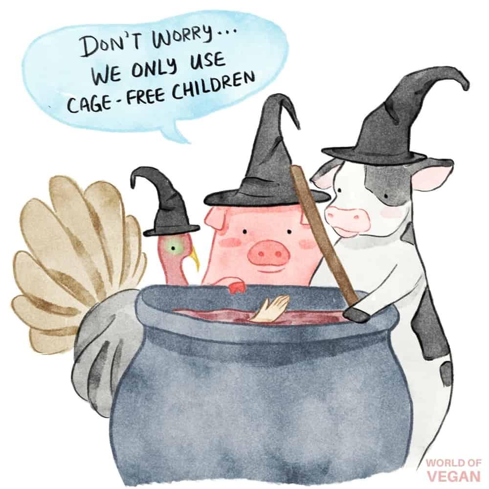 vegan halloween art witches cauldron cage free