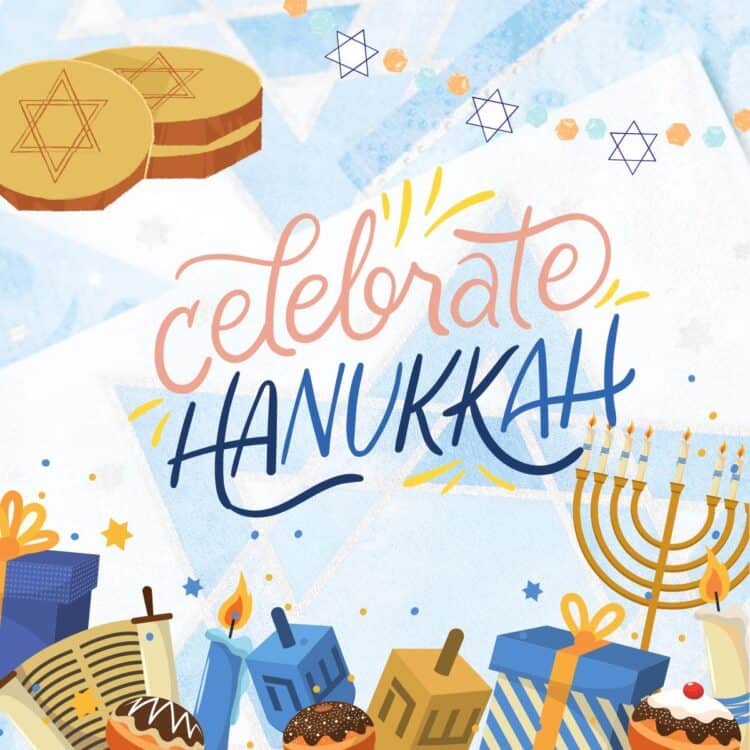 Vegan Hanukkah celebration with the menorah, chocolate gelt, candles, and dreidels.