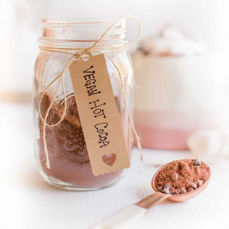 Vegan hot chocolate mix in a mason jar.