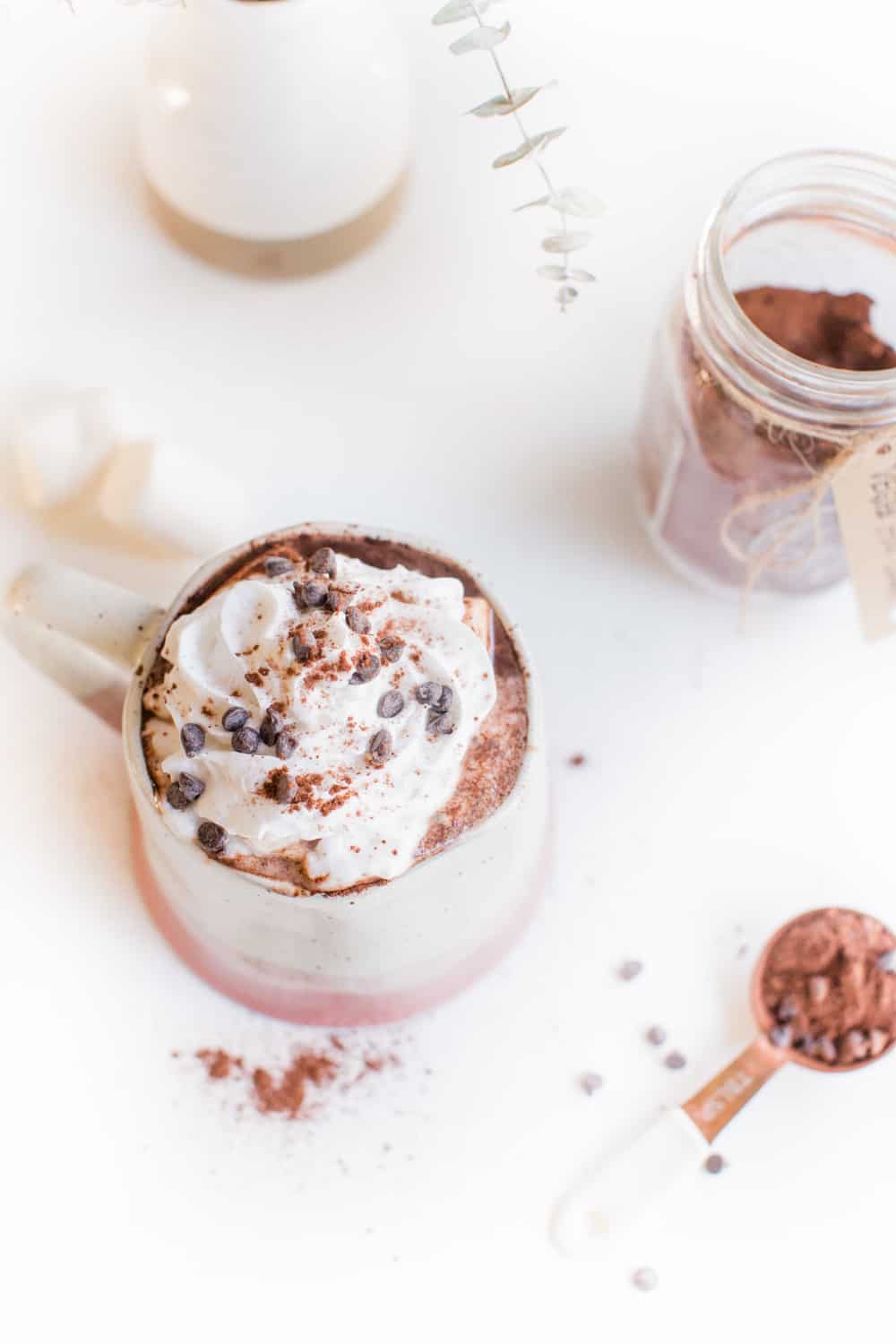 mug of hot cocoa with soy whipped cream and chocolate chips on top.