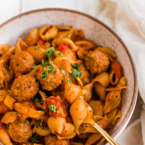 Vegan Instant Pot Pasta with Meatballs Served in a White Bowl