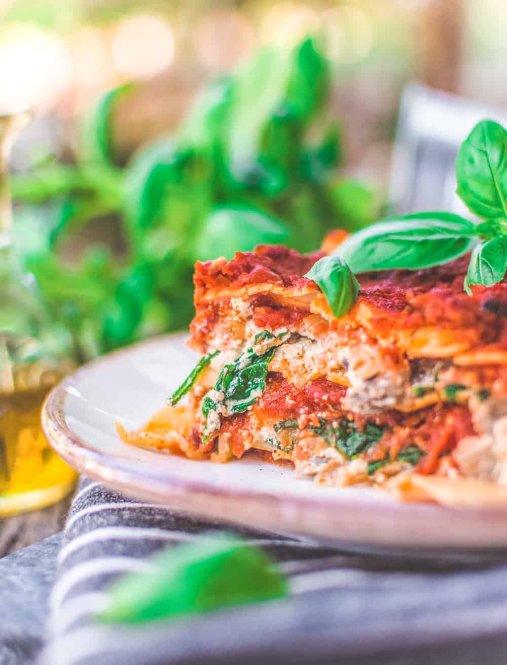 A slice of vegan lasagna with tofu ricotta.