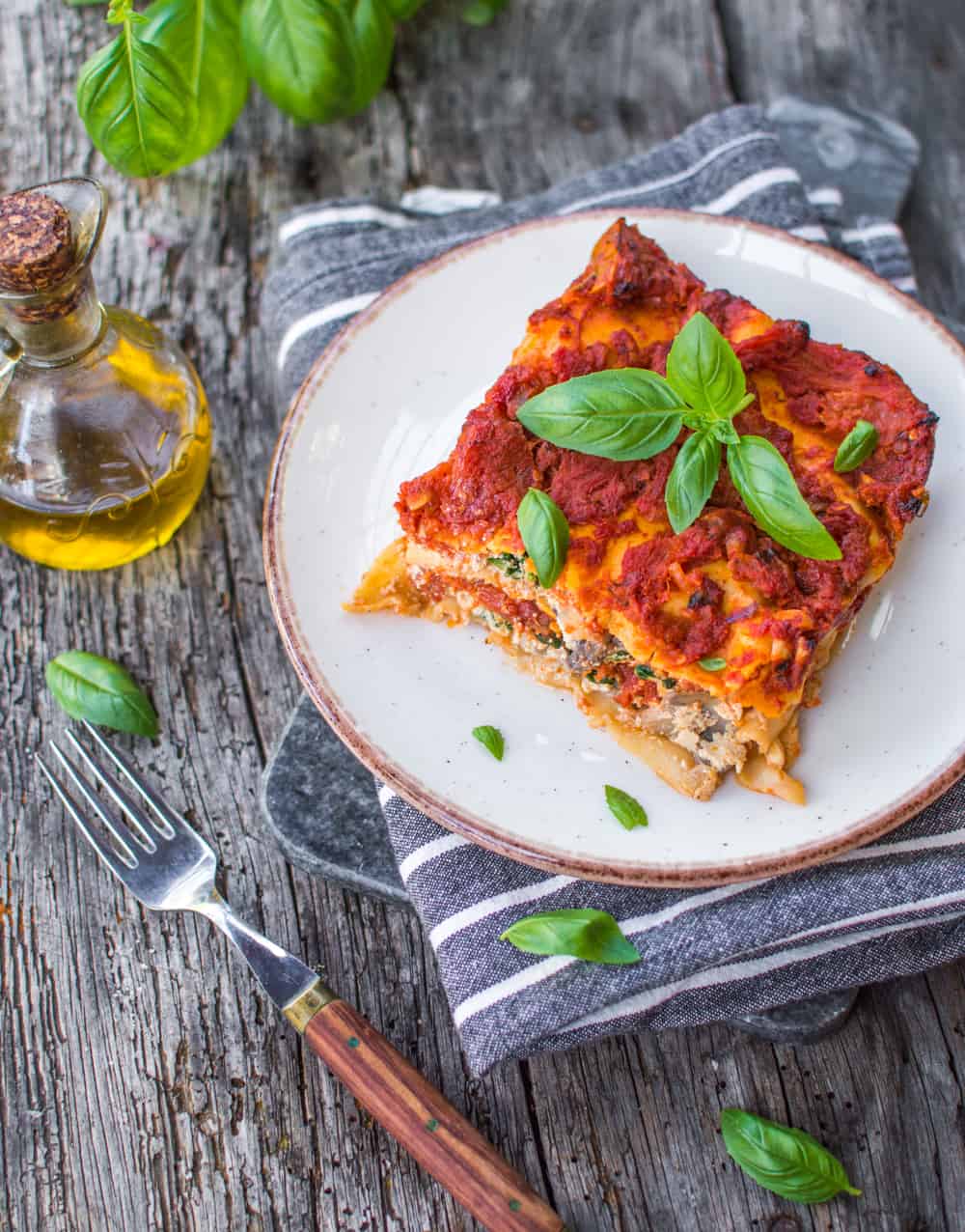 Overhead view of a plate of vegan lasagna.