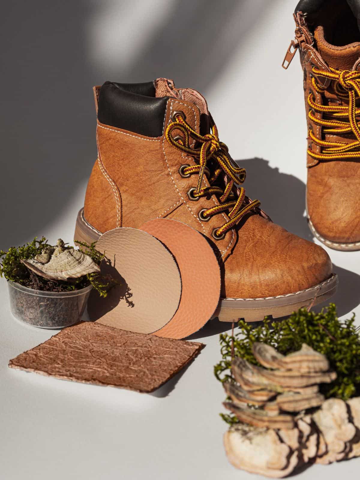 Eco-friendly sustainable boots made from mushroom leather materials. 