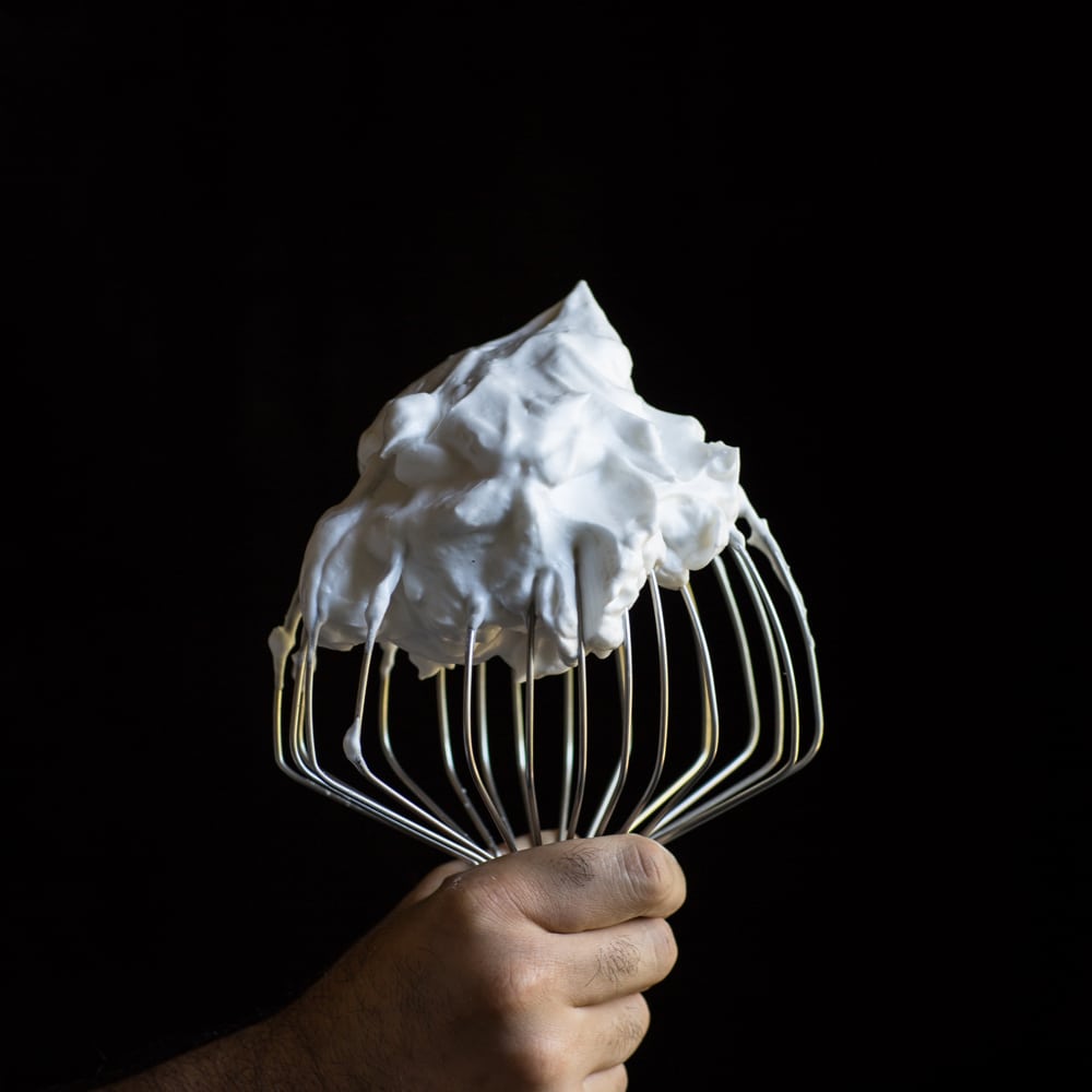 aquafaba vegan meringue on stand mixer whisk 