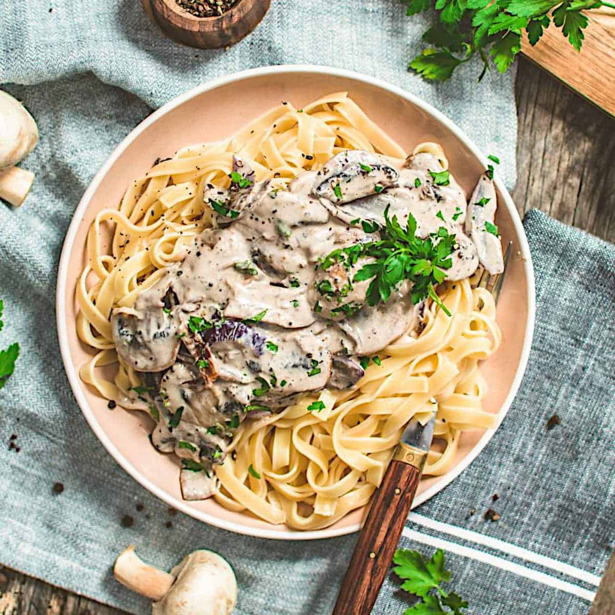 Vegan Mushroom Stroganoff Served Over Fettuccini.