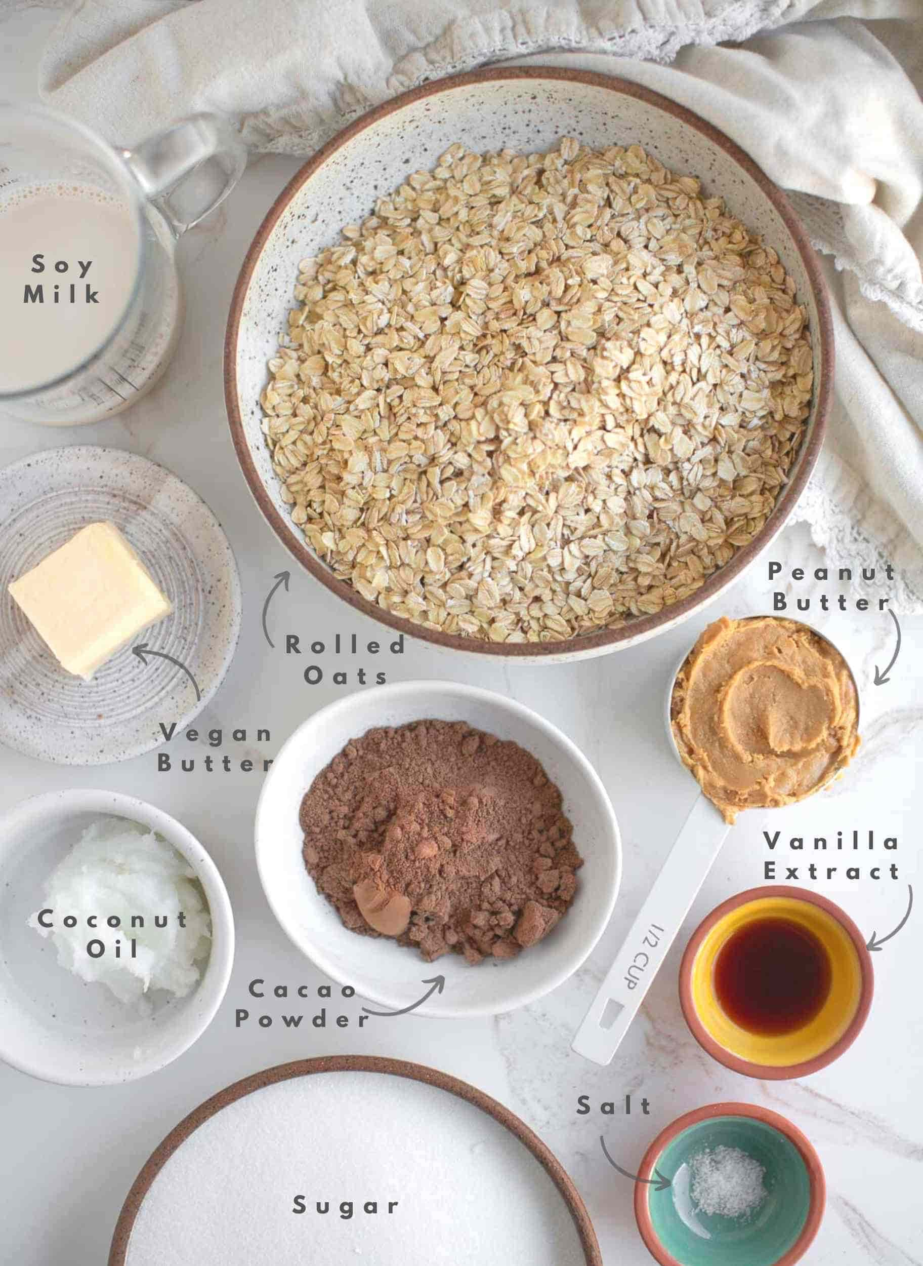 Gathered and labeled ingredients for vegan no bake cookies.