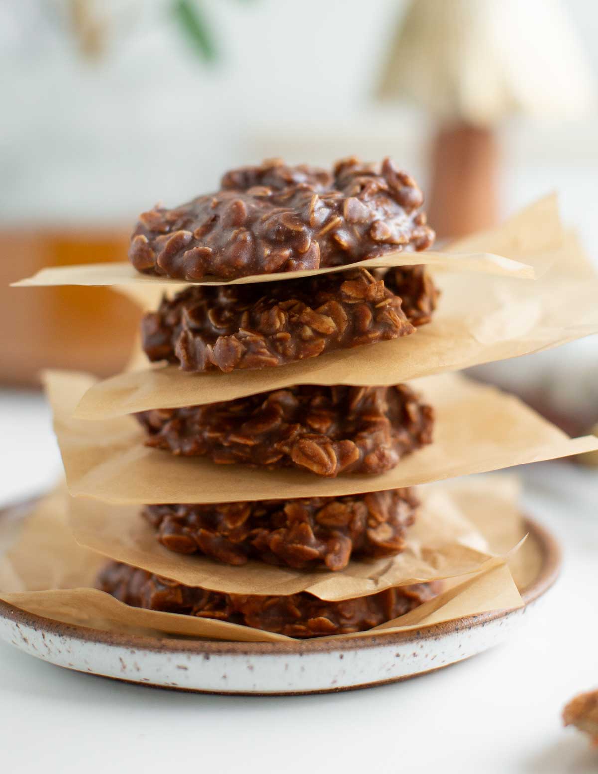 Vegan no-bake cookies, stacked up.