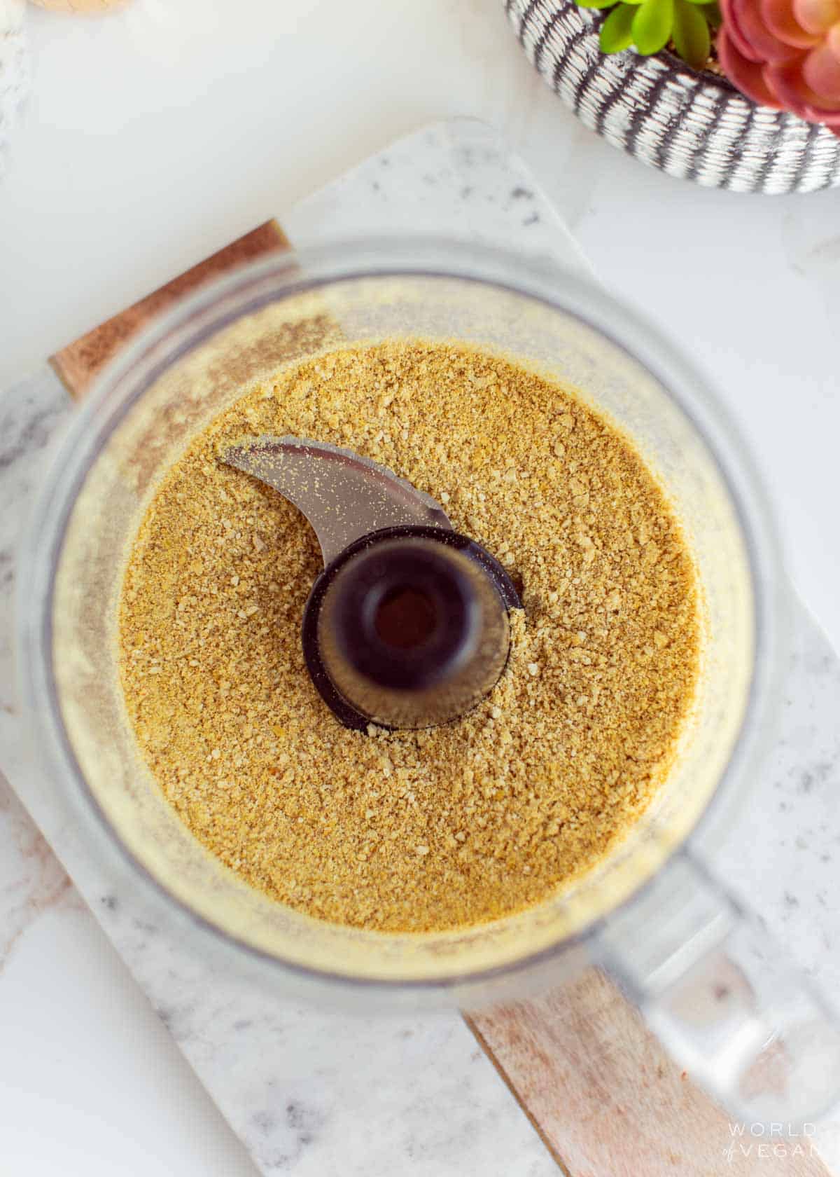Homemade vegan parmesan cheese, blended in a food processor.