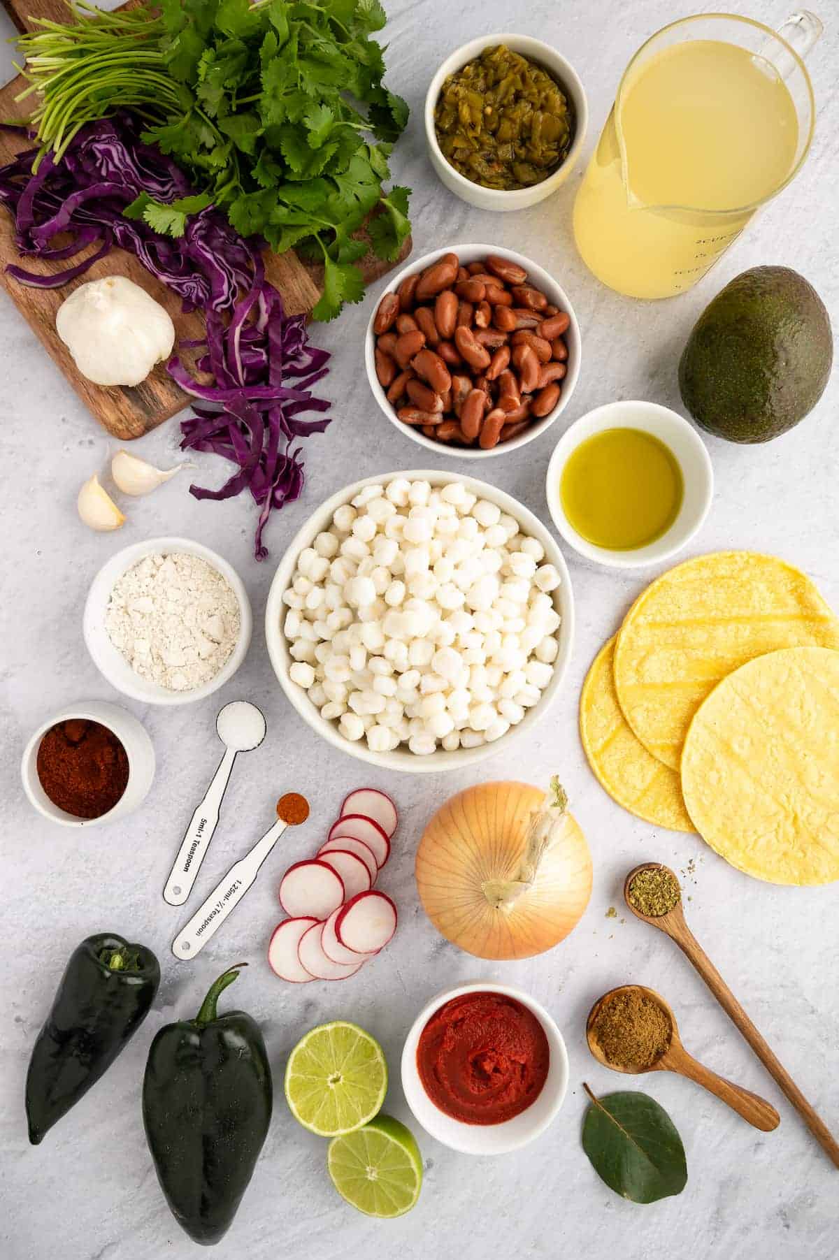 A top-down shot of ingredients for a vegan pozole recipe.