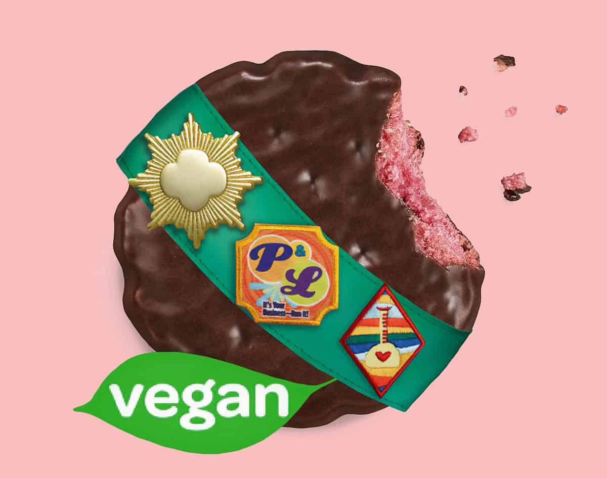 Raspberry Rallies girl scout cookies with vegan symbol. 