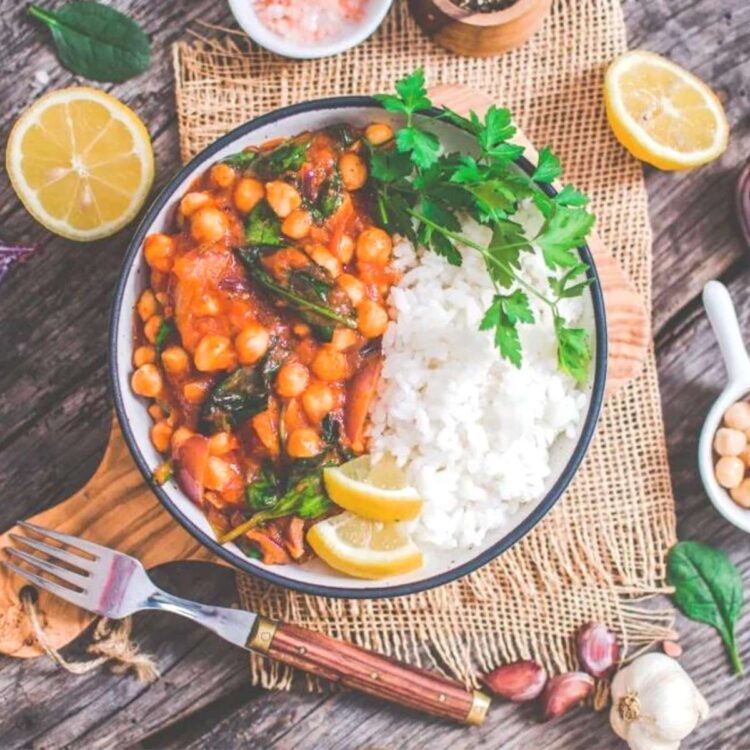 Chickpea curry in a bowl from a vegan restaurant near me.