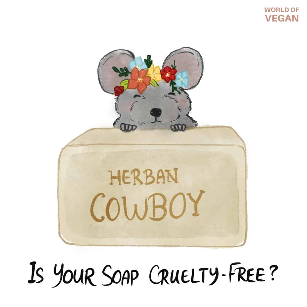 Illustration of vegan soap from Herban Cowboy brand with a cute cruelty-free mouse peeking over the top. 