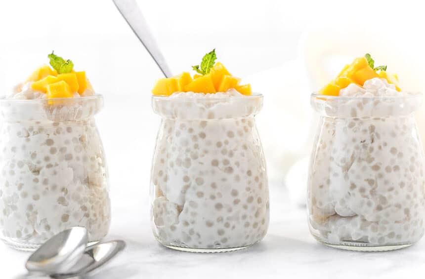 Vegan Tapioca Pudding Recipe Topped With Fresh Mango