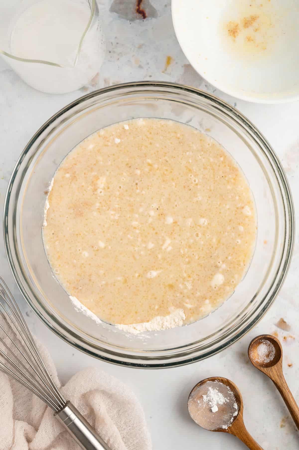 A top-down shot of batter for vegan waffles.