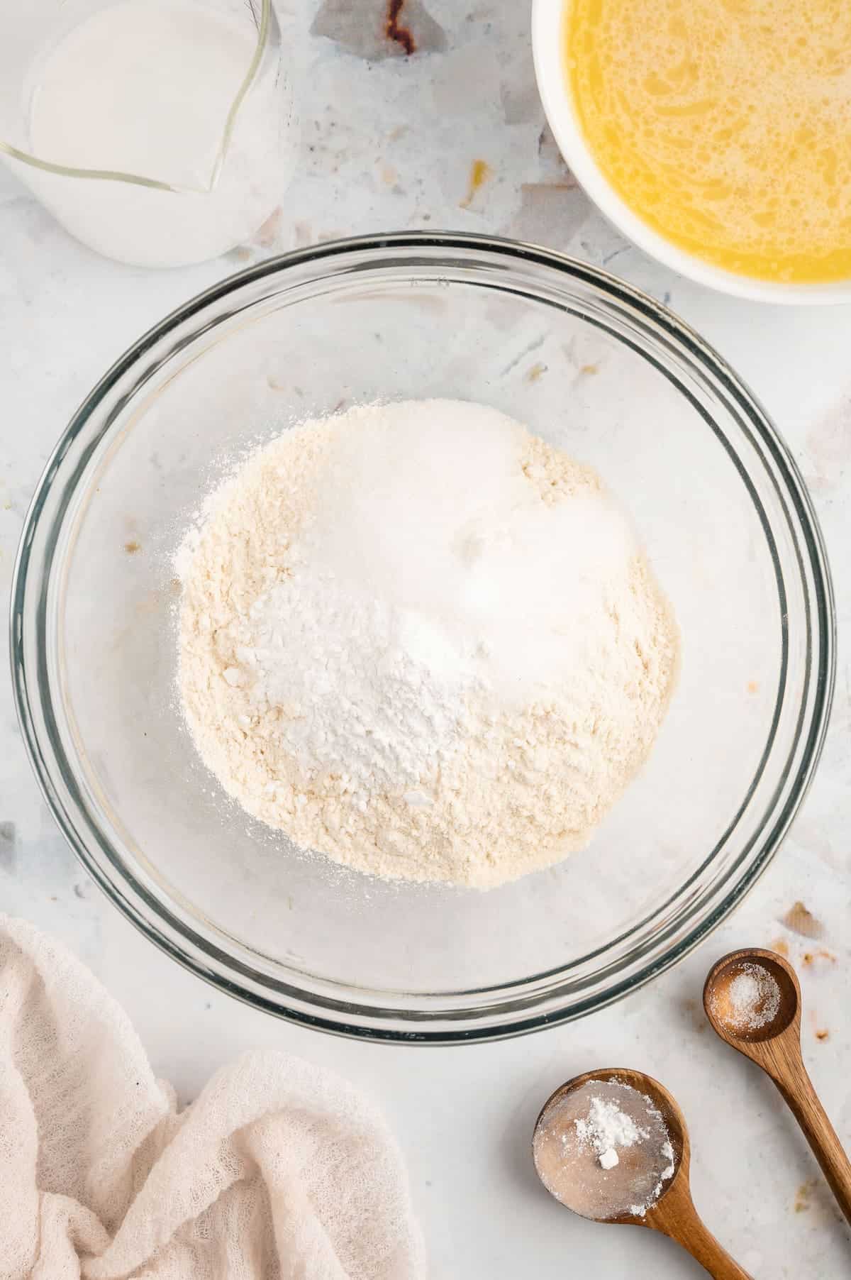 Dry ingredients in a bowl for vegan waffles.