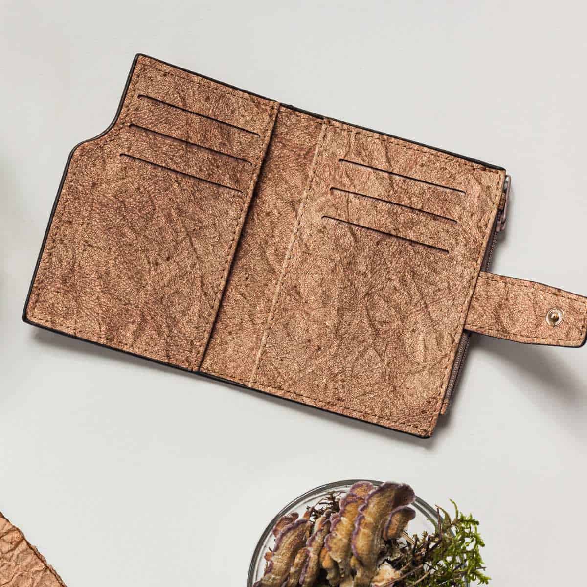 Vegan leather wallet made from mushroom mycelium.