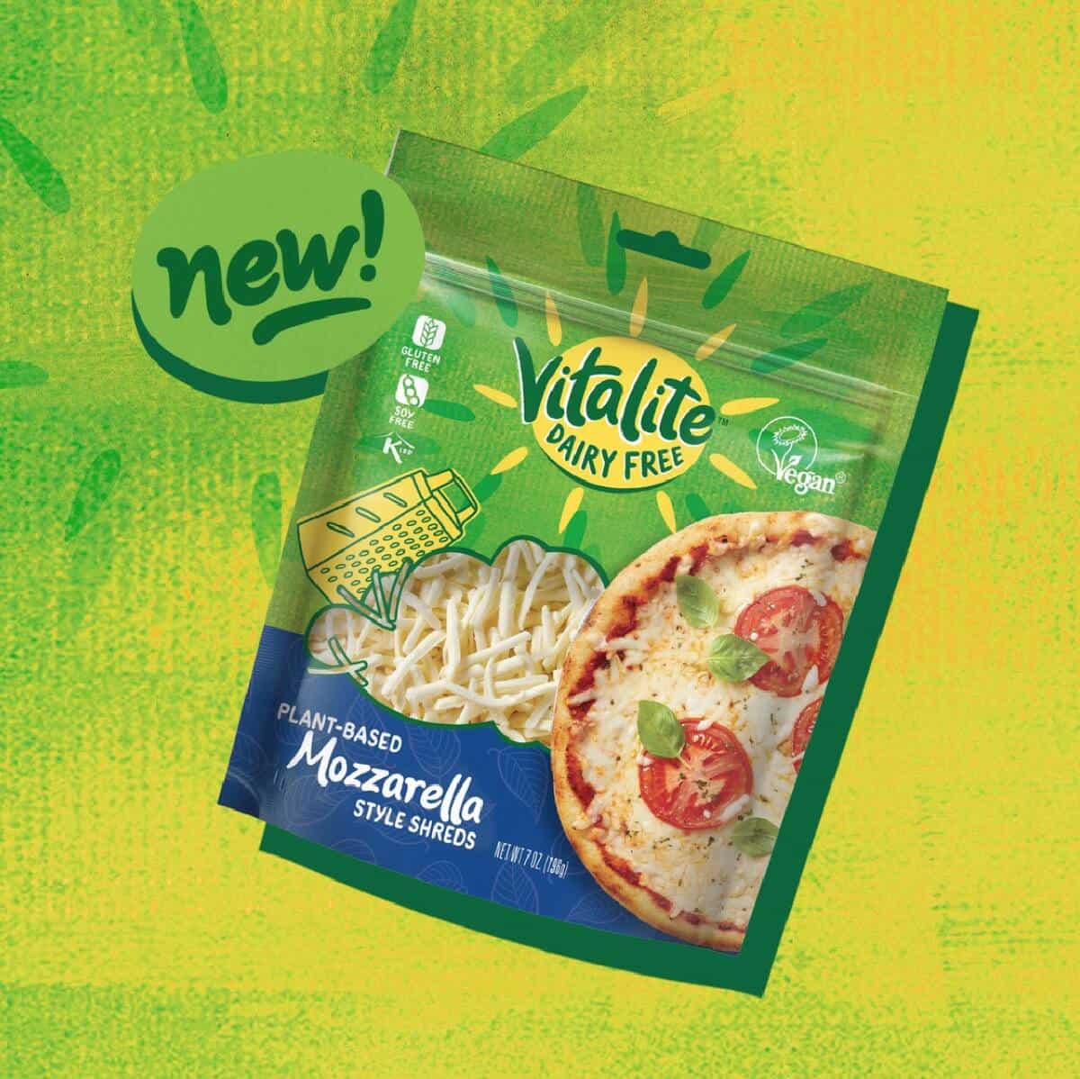 A green and blue pouch of Vitalite dairy-free mozzarella cheese shreds against a green and yellow background. 