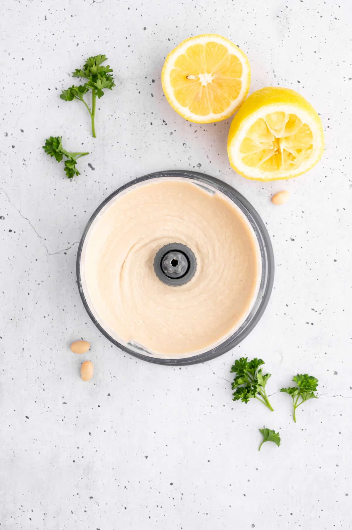 White bean hummus, blended in a food processor.