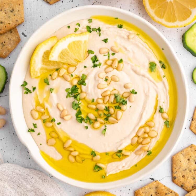 A bowl of white bean hummus.