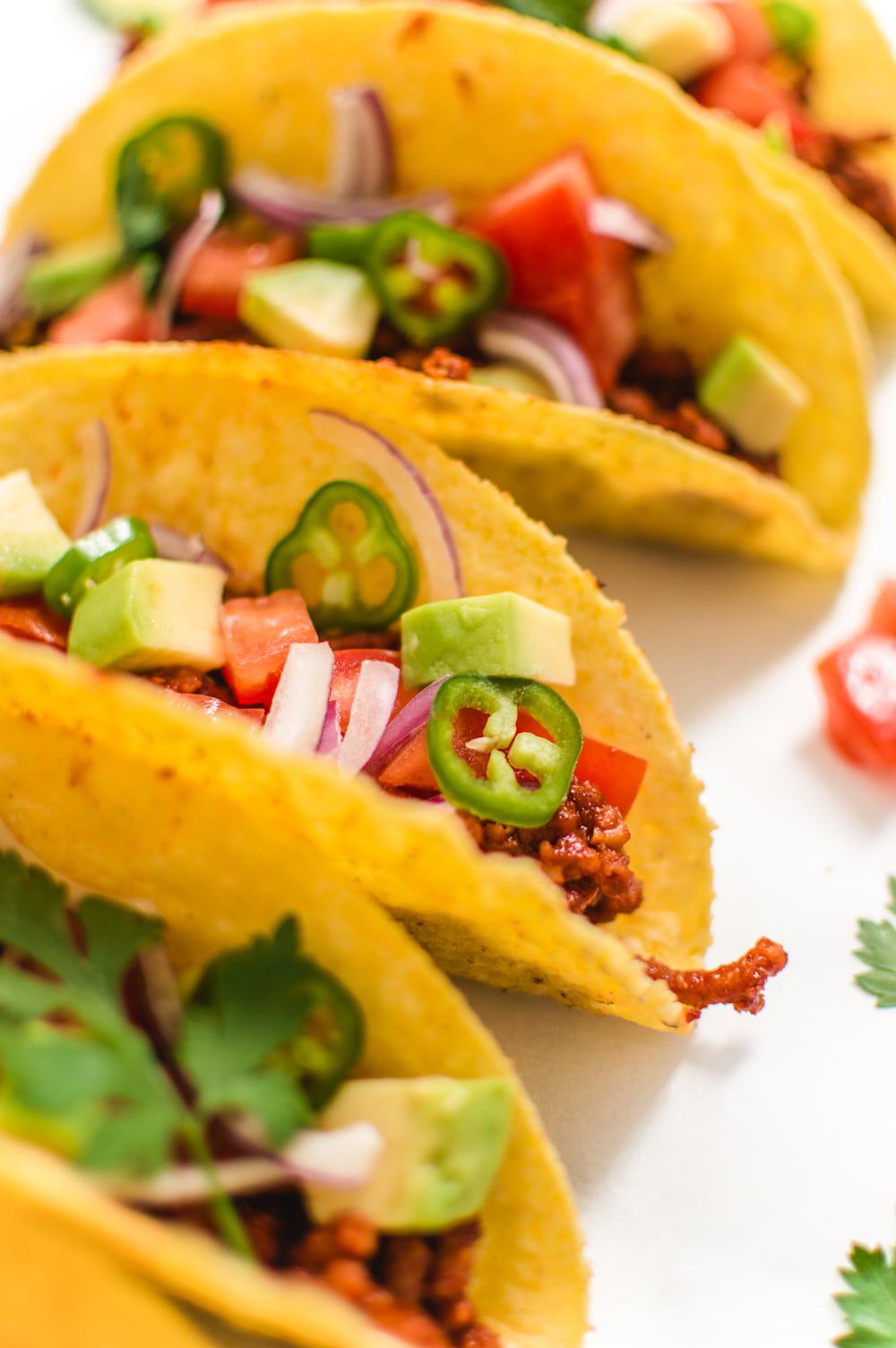 Beefy Lover's Vegan Tacos up close.