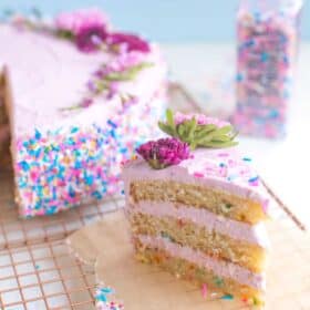 vegan birthday cake slice with sprinkles