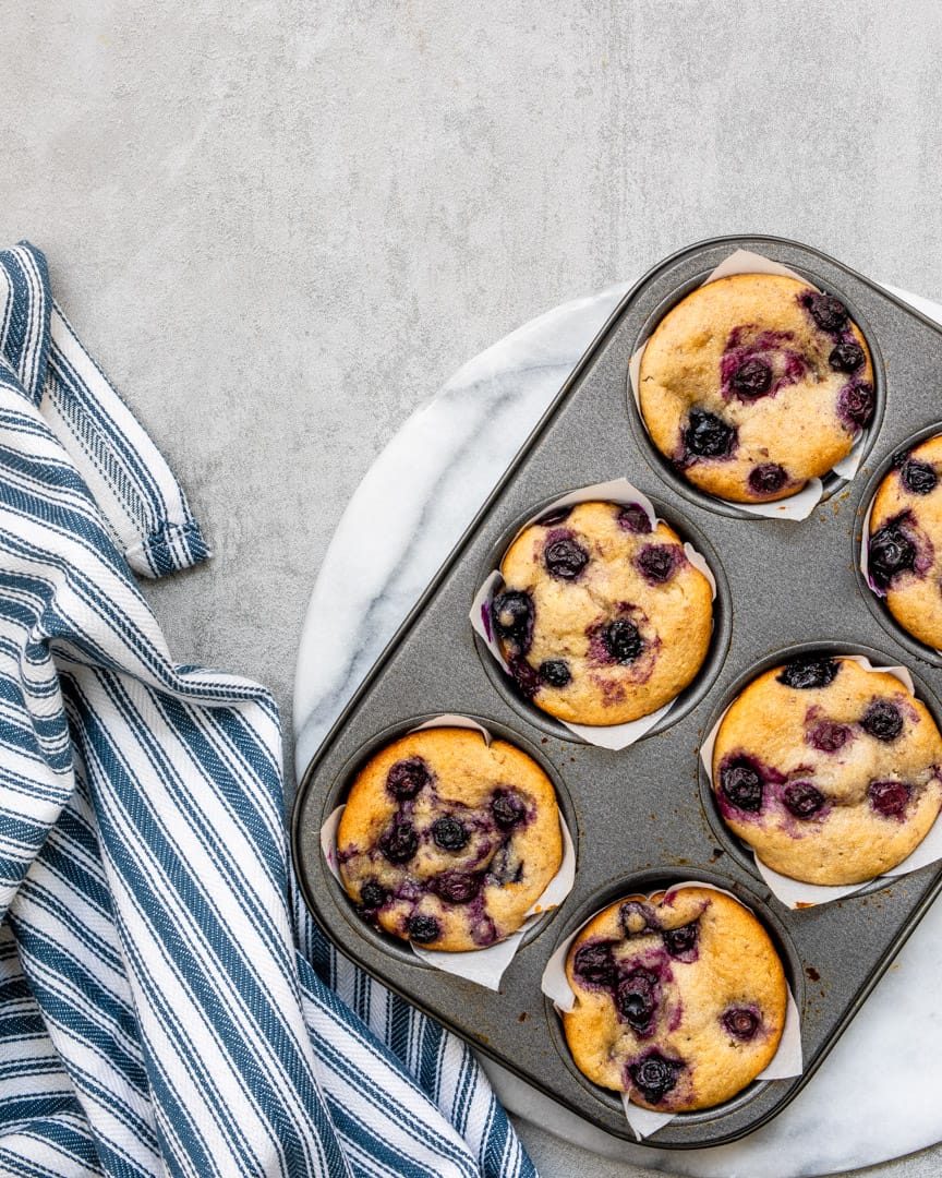 Vegan Blueberry Muffins in a baking pan.