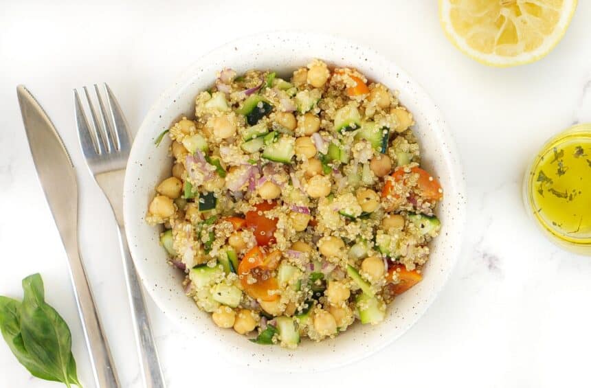 Chickpea Quinoa Salad With Tomatoes Cucumbers and a Lemon Olive Oil Vinaigrette