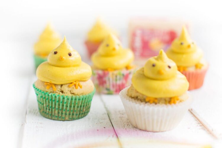 Vegan Lemon Cupcakes With Yellow Chickpeep Easter Buttercream Frosting Decorations