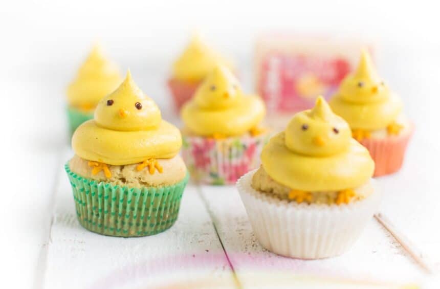 Vegan Lemon Cupcakes With Yellow Chickpeep Easter Buttercream Frosting Decorations