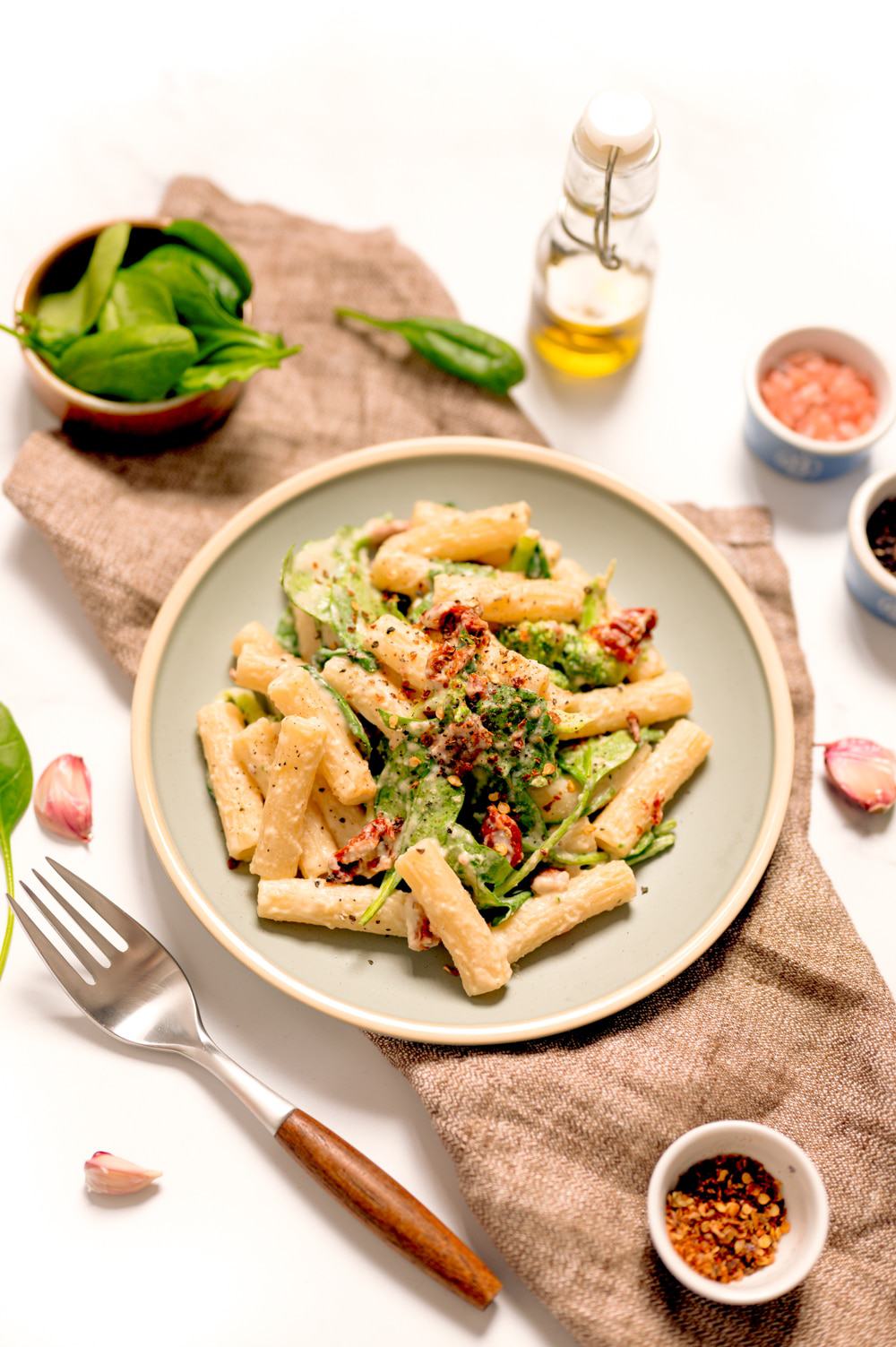 Homemade Hummus Pasta With Sun dried Tomatoes and Broccoli