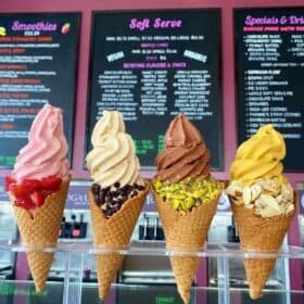 Four vegan yogurt soft serve cones, lined up at a serving counter.